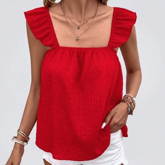 Red Boho Womens Tie Back Ruffle Trim Top - Picture 5 of 5